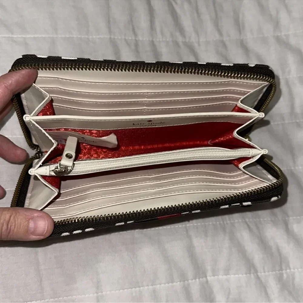 kate spade Brown Ivory Spade Print Red Brown Stripe Wallet